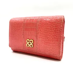 【良品】 COACH コーチ 二つ折り財布 オプアート クロコ型押し パテントレザー ピンク コーラルピンク ロゴプレート ユニセックス レディース