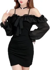 toasoa トーアソーア オフショルダー ワンピース セクシー レディース ミニ タイト フリル キャバ嬢 キャバクラ クラブ ホステス お水 ドレス 肩出し 長袖 可愛い 2way ホルターネック リボン 01 - 黒( ブラック,  M)