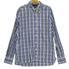 TOMMY HILFIGER/トミーヒルフィガー 80’s Two ply Cotton チェック柄 長袖 シャツ ボタンダウン ワンポイント刺繍 オーバーサイズ ビッグシルエット CHINA製 メンズ L ブルー/ホワイト