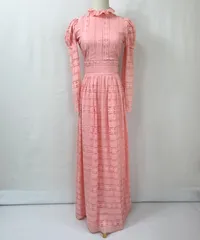 Joy Stevens 70s 70年代 ハイネック 総レース 長袖 フリル襟 ロング丈 ワンピース ドレス   ヴィンテージ ビンテージ 結婚式 二次会 2次会 演奏会 発表会 パーティー ウエディング 輸入古着 レディース ピンク 【S53-403b】