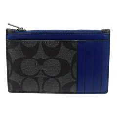 コーチ COACH ジップ カード ケース シグネチャー キャンバス PVC / リファインド カーフ レザー CV764 パスケース カードケース コインケース 定期入れ ミニ財布 マルチケース メンズ ブラック / ブルー 正規品 中古 mbm07010