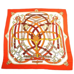 美品△HERMES エルメス H241698S CAVALCADOUR カヴァルカドゥール カシミヤ シルク Orange/Blanc/Brown カレ140 カレジェアン 大判 ショール ストール スカーフ 箱付き フランス製 レディースのサムネイル