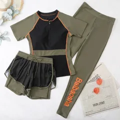 半袖 カーキ ラッシュガード 3点セット フィットネス スポーツ ジップアップ ショートパンツ レギンス 大人 ファスナー ジップアップ ジッパー 体型カバー 二の腕カバー 下半身カバー 紫外線対策 日焼け対策 高品質 マリンスポーツ サーフィン オシャレ