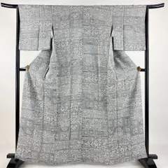小紋 身丈160cm 裄丈64.5cm M 袷 染織美術品 草花 向かい鳥 灰色 正絹 逸品 【中古】