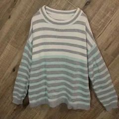 M1-01074【Women】GU(ジーユー) 長袖 セーター (L) / 白×水色×グレー ボーダー柄 表、右側首元シミ有 G