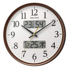 【在庫処分】アナログ 連続秒針 電波時計 温度 湿度 掛け時計 カレンダー 茶 リズム(RHYTHM) Φ35x5.3cm 8FYA03SR06