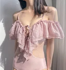 ドット柄 シフォン フリル オフショル 水着 ワンピース水着 体系カバー水着 ワンピース オフショルダー オフショル 体系カバー 二の腕カバー レース チュール シフォン レースアップ 透け感 シースルー 胸元 谷間 谷間魅せ 盛れる かわいい 大人可愛い き