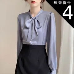 種類4：ホワイト/L ゆったり パフスリーブ ボウタイ ブラウス トップス シャツ 長袖 Vネック 襟なし シフォン リボン 前開き かわいい 大人可愛い きれいめ シンプル カジュアル 大人 上品 おしゃれ 大人女子 こなれ感 ラブリー キュート モード系 