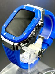 ブルー★アップルウォッチ ラバーベルト ステンレス カバー　ケース 44mm 45mm 4 5 6 7 8 9 se メンズ レディース スポーツ Apple Watch バンド
