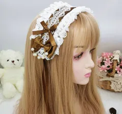【人気商品】お人形 萌え系 茶話会 カチューシャコスプレ系 パーティー レースフリル メイドヘア ビーズチェーン lolita ヘアアクセサリー おしゃれ リボン付き ゴスロリかわいい 髪飾り ヘッドドレス ロリータ (コーヒー色 チャーム Coffee)