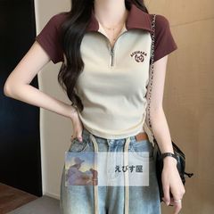 ポロ襟肩半袖Tシャツレディース夏の新しいデザインの衝突色スプライシングスリムショートボトムトップスの感覚