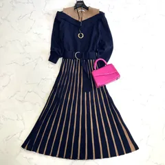 美品✨RADY AZEL レディアゼル ニットセットアップ スカートセットアップ ショルダーカット 肩見せ バイカラー ベルト プリーツスカート 美シルエット フリーサイズ