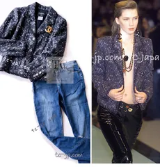 シャネル ジャケット CHANEL ネイビー ダーグレー ポップコーン ウール ポップコーン 貴重 ココボタン 超美品 38 40 42