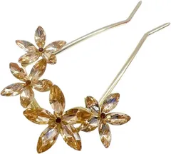 Miaomyao ミャオミャオ 簪 かんざし バチ型 髪飾り 和装 留袖 着物 金属 クリスタル 水晶 ジルコニア フラワー モチーフ ゴールド 桜 花 U字 ヘアアクセサリー(ゴールド,  ワンサイズ)