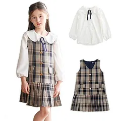 グレー_140 [VIISEN] 子供 女の子 フォーマル スーツ キッズ 長袖 シフォン シャツ＋ チェック柄ノースリーブ ワンピース ガールズ 2点セット 入学式 卒業式 入園式 学園祭 子供洋服 学園風 110 120 130 140 150 160cm
