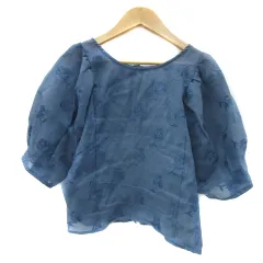 ミスティック mystic ブラウス カットソー 半袖 パフスリーブ 花柄 刺繍 バックボタン オーガンジー F 青 ブルー /YS37