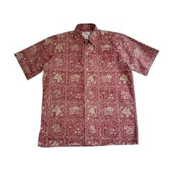 中古 レインスプーナー reyn spooner アロハシャツ クリーニング済み 90s ビキニタグ ラハイナセイラー ワインレッド メンズ Mサイズ 相当