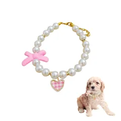 [Sunny Glow] ペット 首輪 フェイクパール ネックレス 猫 小型犬用 リボン チェック柄 ハート チャーム付き ラインストーン 調節可能 アクセサリー (ピンクS) 