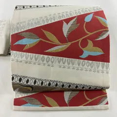 名古屋帯 優品 関西仕立て 葉柄 幾何学模様 箔 金銀糸 クリーム 正絹 【中古】