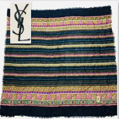 ■希少カシミヤ混■Yves saint Laurent イヴサンローラン　大判スカーフ　花柄　フローラル　ボーダー　総柄　ネイビー×マルチカラー　カシミヤ×ウール×シルク　フリンジ加工　レディース