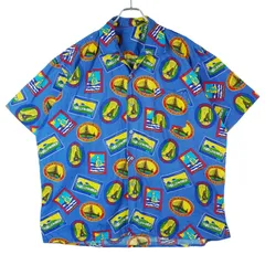 ヴィンテージvintage半袖シャツ総柄シャツ開襟オープンカラー青ブルーオールオーバーパターンHollywoodハリウッドUSAアメリカ観光地40206