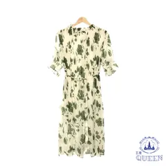 ☆美品 ワンピース Ａライン パフスリーブ フリル 半袖 ロング丈 レディース 総柄 ベージュ 901-12157 送料無料 古着