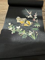 Nagoya obi, made by Tokio Haneda [45] Fine art piece, crepe fabric, dyed obi, Kyoto style, hand-painted, mandarin ducks, drum pattern, brand new, pure silk, unstitched