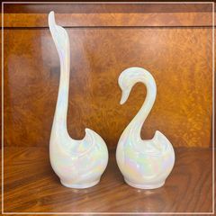レトロ ホワイトオーロラ ガラス製 白鳥 ペア 2羽セット 24cm 17cm オーロラカラー スワン 鳥 トリ バード 白 虹色 インテリア オブジェ 置物【RU1118-5】