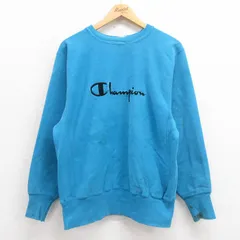 L/古着 長袖 チャンピオン Champion リバースウィーブ メンズ 90s ビッグロゴ 刺繍 クルーネック 青 ブルー 25aug13 中古 スウェット スエ