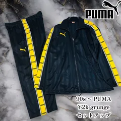 90s 00s 廃盤 PUMA プーマ セットアップ ジャージ 上下セット トラックジャケット デカロゴ ブラック イエロー トラックトップ サイドライン y2k サイズ M相当