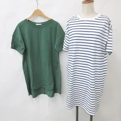 ショコラフィネローブ chocol raffine robe チュニック 2枚セット カットソー 膝丈 半袖 ボートネック ボーダー 無地 青 白 緑 ブルー ホワイト グリーン F