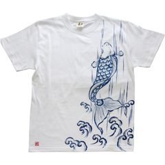 メンズ登り鯉柄Tシャツホワイト手描きで描いた登り鯉のTシャツ
