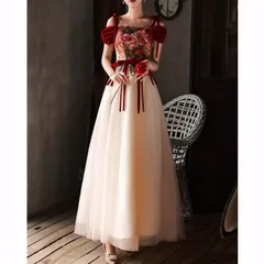 【新品 未使用】2026新作 カラードレス ロングドレス パーティードレス 発表会 演奏会 ステージ イブニングドレス 赤 ワインレッド オフショルダー ウェディングドレス 結婚式 二次会 バラ刺繍 肩出し 肩ひもリボン 