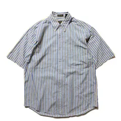 80's 90's 黒タグ エディーバウアー ストライプ コットン ボタンダウンシャツ 半袖 (M) 青×黄色系 80年代 旧タグ オールド アウトドア Y2K　アメリカ古着 USED  ビンテージ ヴィンテージ