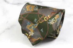 キミジマ ブランド ネクタイ 総柄 格子柄 花柄 シルク 日本製 メンズ カーキ KIMIJIMA PARIS TOKYO 【中古】