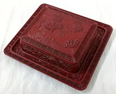 未使用　中国古玩　中国工芸美術品茶器茶道具　堆黒彫漆セット トレー付き 中国古玩 中国工芸美術品茶器茶道具 堆黒彫漆セット トレー付き