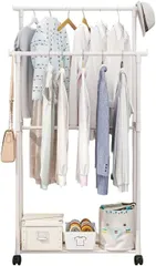 Ｄ．Ｓｔｏｍｏ D.Stomo ハンガーラック ダブル 2段 キャスター付き ちょい掛け用 小さめサイズ 総耐荷重 20kg 省スペース 移動楽々 組み立て簡単 単身向け(ホワイト)