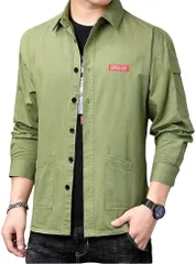 Four leaf おしゃれ ワークシャツ メンズ 長袖 トップス 大きいサイズ 春 秋 冬 カジュアル アウター シンプル 襟付き ダブルポケット 無地 綿 コットン 100(グリーン,  M)
