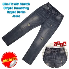 【SALE価格!!】超ストレッチ♪♪ ストライプドローコード シャーリングウエスト スリムフィット クラッシュデニム イージーパンツ