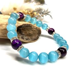 キャッツアイ(ライトブルー)×パープルタイガーアイ パワーストーン ブレスレット  (シルバー) メンズ・レディース　男性・女性　数珠ブレス 開運 [23]