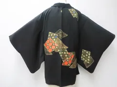 【一輝堂】【着物】黒羽織　縫い紋　金糸　刺繍　亀甲文　羽織紐付き　身丈約74cm　裄丈約63cm　25z03-1289