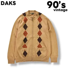 90s ヴィンテージ 日本製 ダックス DAKS PURE NEW WOOL ドライバーズ ニット セーター ジップアップ カーディガン L アーガイル チェック柄 ベージュ ブリティッシュ カジュアル メンズのサムネイル