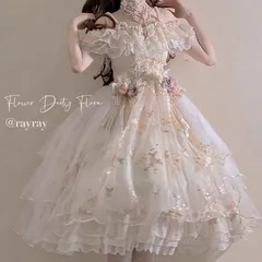 ワンピース シフォン 刺繡 オフショルダー ミディアム丈 リボン 花飾り ネックレス付き レース フリル コスプレ ロリータ ファッション かわいい ゆめかわ おしゃれ ドレス パーティー イベント 衣装 コスチューム ガールズ プリンセス  レディース