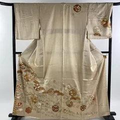 直販正規訪問着 名品 一つ紋 ますいわ屋 御所車 松 刺繍 金糸 薄茶色 袷 身丈163.5cm 裄丈67cm M 正絹 ☆☆☆☆ 仕立て上がり