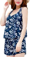 ＺＡＩＤＥＡ ZAIDEA 水着 レディース 体型カバー タンキニ ４点セット ビキニ( ネイビーフラワー,  LL)