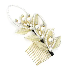 髪飾り コーム型 ラインストーン パール ゴールド 白 キラキラ ラメ リーフ 葉 小さい かんざし かわいい 粋 日本製 おしゃれ No.9-3398