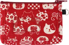 【新着商品】ポケット付き にゃんこもん カード IC 猫 定期 パスケース 入れ 和柄 小物 コスメ メイク 赤 ミニ ポーチ 化粧 9.5×13cm 日本製 京佑