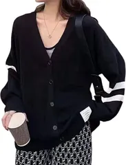 newNE ニューネ ニットカーディガン 薄手 ゆったり ライン柄 ベーシック 春 夏 サマーニット 大きい サイズ オフィス はおりもの 羽織もの ざっくり 袖長 長袖 3S-W05(ブラック,  2XL)