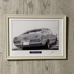 日産 ニッサン ローレルSGX　鉛筆画　名車 旧車 ノスタルジックカー イラスト 絵画 デッサン 絵　A4サイズ   額付き 作者直筆サイン入り 車好き 男性 向け バースデー  退職祝い ギフト クリスマス プレゼント にも最適