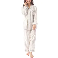 【新品】 [ON NISHIKI] パジャマ レディース 長袖 綿100％ 前開き 上下セット 春 秋 肌に優しい ビエラ素材 長ズボン ルームウェア 部屋着 (ｽﾄﾗｲﾌﾟ:H/L/73310) 0